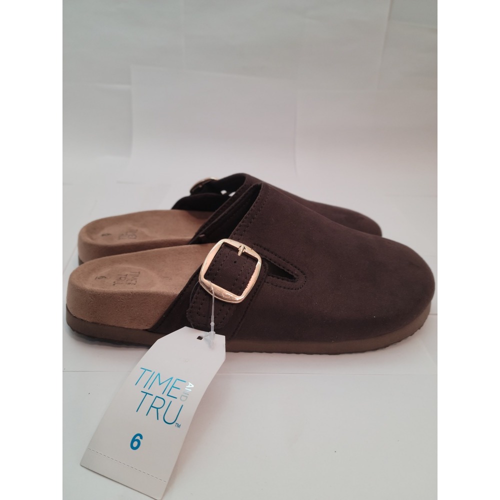 Time and Tru Buckle Clog Women Dark Brown Faux Suede Slip On Mules‎ Size 6